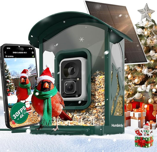 Humbirdy-Bird Feeder with Camera, 8MP Ultra HD Video & Photo, 10x Slow-Motion, 4K 30fps Live View, No Subscription, AI Identify, 2.4G/5G Wi-Fi, Solar Powered, Dural Metal, Unique Bird Watching Gifts