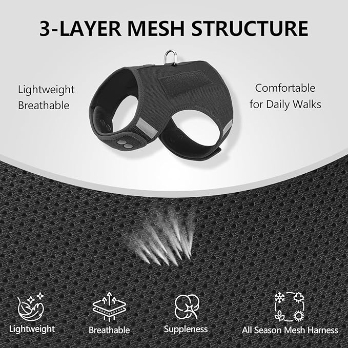 Dog Harness for Puppy – Adjustable Reflective Easy Put On Soft Mesh Vest for Small Dogs with 2 Patches (Black,XS)