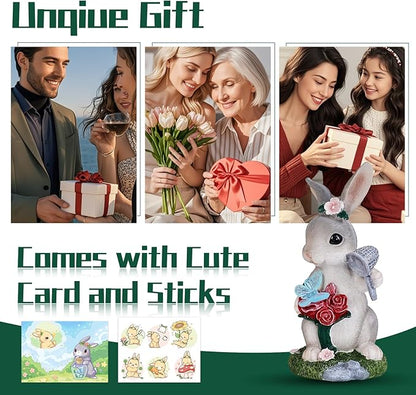 NYUWOAURC Garden Statues Rabbit with Solar Light,Bunny Outdoor Garden Decor Ornaments for Patio Yard Art,Birthday Easter House Warming Garden Gift for Women Mom,Resin Animal Figurine with Wider Base