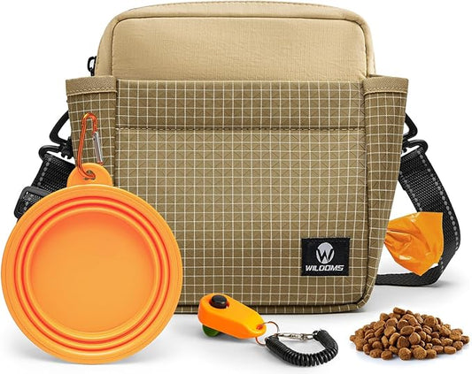Dog Treat Pouch – Large Capacity with Magnetic Closure, Dog Walking Fanny Pack Built-in Poop Bag Dispenser, Clicker & Collapsible Bowl for Training & Walking - Khaki