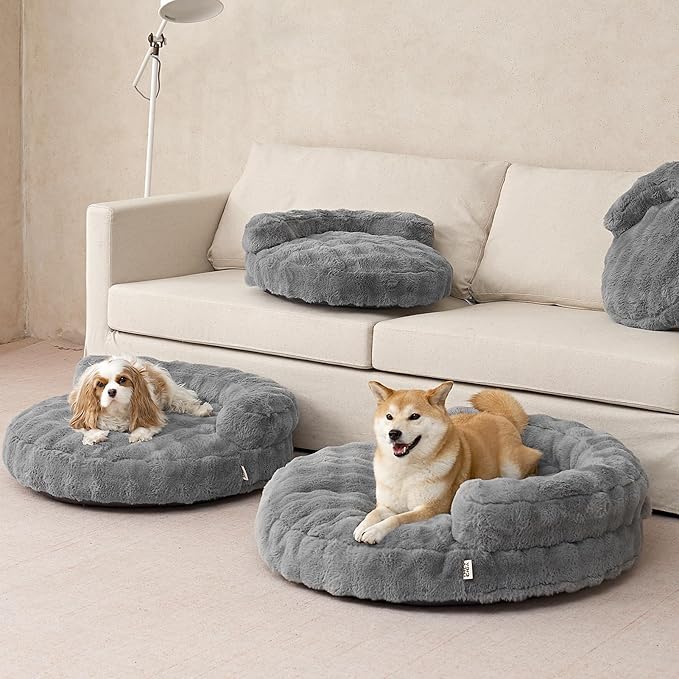 EHEYCIGA Small Dog Bed and Cat Couch - Fluffy Faux Rabbit Fur Pet Sofa with Washable Removable Cover, Waterproof and Non-Slip, 26 Inch, Grey