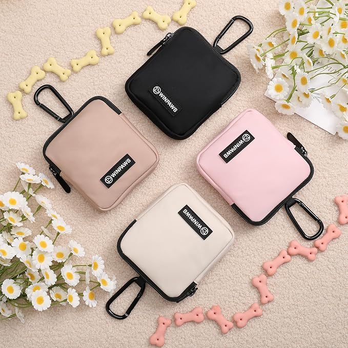 Dog Treat Pouch with Training Clicker,Waterproof Nylon Fabric Poop Bag Holders for Leashes,Hands Free Small Dog Walking Bag with Carabiner, Pet Puppy Training Walking Essentials (Pink)