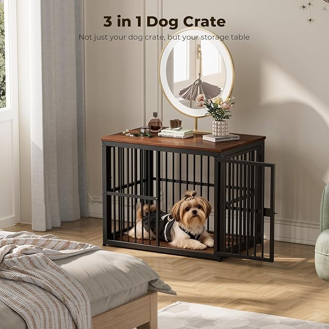 Lyromix 33'' Dog Crate Furniture with 3 Doors,Wooden Crate End Table Heavy Duty Indoor Puppy Cage for Small to Medium Dogs, Multiple Units Can be Combined, Walnut