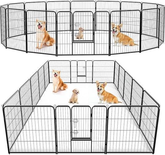 FansaFurn Metal Dog Playpen with Door, 32" Indoor/Outdoor Pet Exercise Pen - 16-Panel Heavy-Duty Pen for Large Dogs, Puppies, Rabbits - Yard, Garden, Camping Use