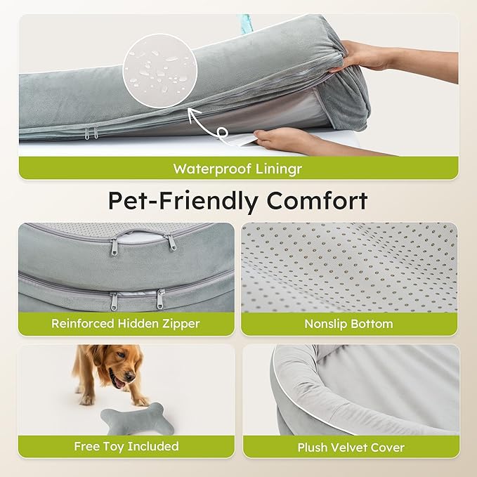 XL Orthopedic Dog Bed, Extra Large Dog Bed, Dog Sofa for Large Sized Dogs with Full-Surround Bolsters, Dual-Sided Dog Cooling Bed with Memory Foam, Washable Sofa with Nonslip Bottom, Light Grey