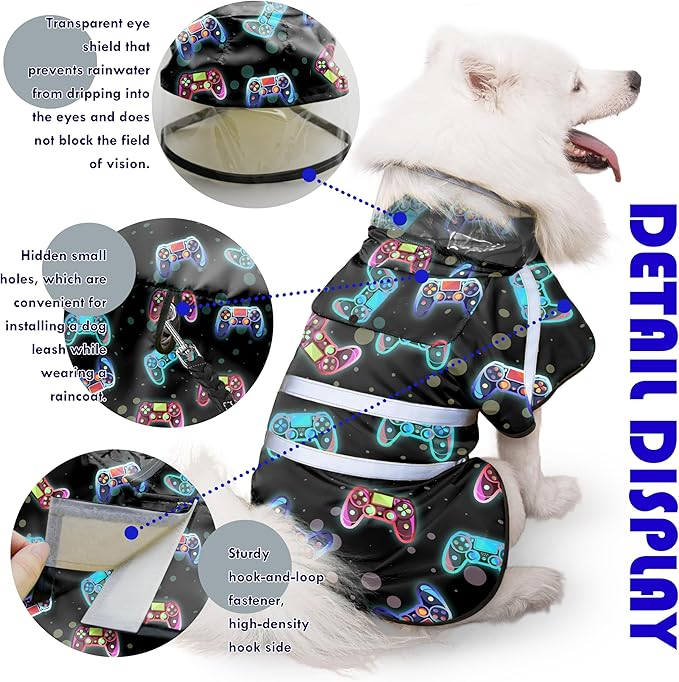 Dog Raincoat, Adjustable Rain Jacket with Hooded Double Layer for Large Medium Small Dogs Puppies, Lightweight Waterproof Rain Coat Poncho with Reflective Stripe Game Controller Black,M