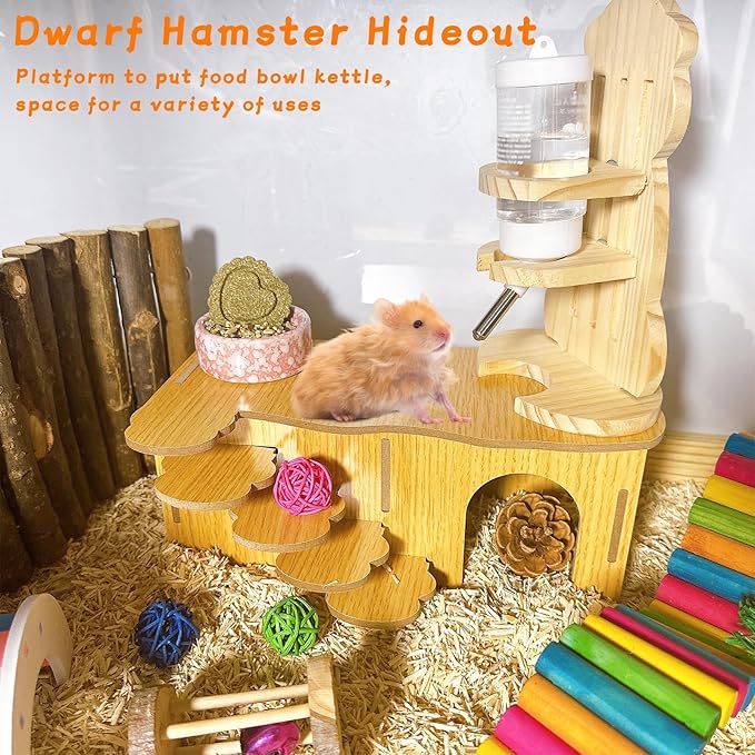Hamiledyi Hamster Hideout with Ladder Dwarf Hamster Wooden Maze Tunnel Platform Multi Chamber Exploring Toy Habitat Decor for Gerbil Syrian Mouse Brown