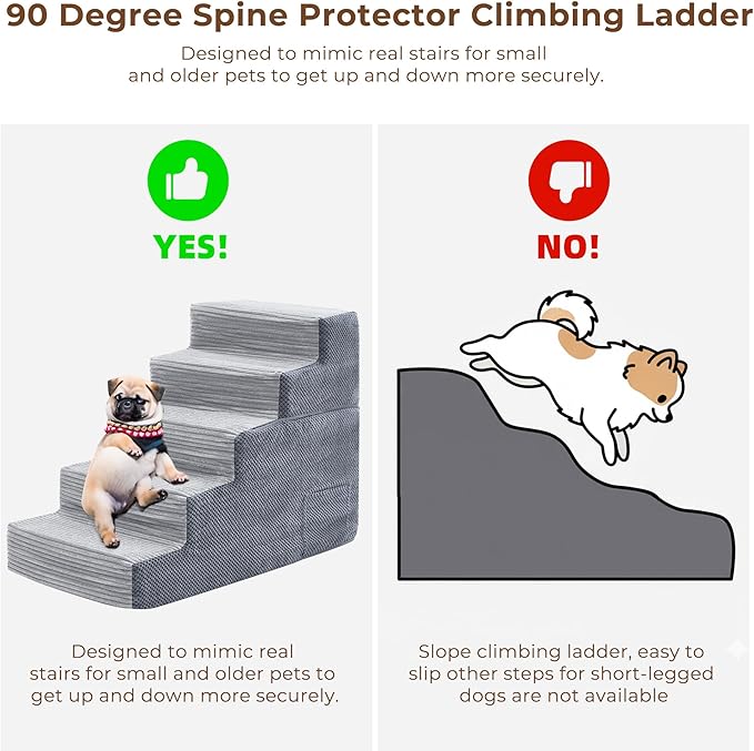 HYLEORY Dog Stairs for Bed 22.5''H, 5-Step Pet Stairs for Small Dogs Cats, Sturdy Pet Steps with Non-Slip Bottom, Functional Portable Dog Ramp for Couch/Chair/Sofa/Car, Storage Pocket, Light Grey-Grey