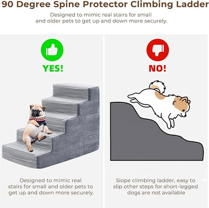 HYLEORY Dog Stairs for Bed 22.5''H, 5-Step Pet Stairs for Small Dogs Cats, Sturdy Pet Steps with Non-Slip Bottom, Functional Portable Dog Ramp for Couch/Chair/Sofa/Car, Storage Pocket, Light Grey-Grey