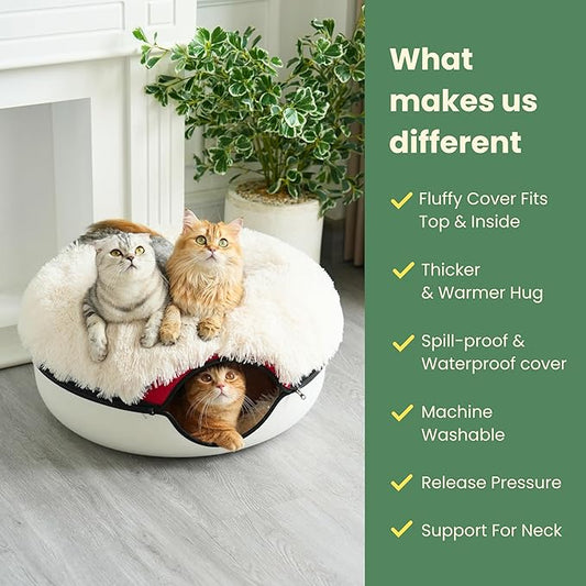 CATTASAURUS Peekaboo Cat Cave for Multiple & Large Cats Up to 30-45 Lbs, Fluffy Cat Beds & Furniture, Scratch Detachable & Washable Tunnel Bed, Comfy Donut Bed (Ruby Snowball, Large (Calming))