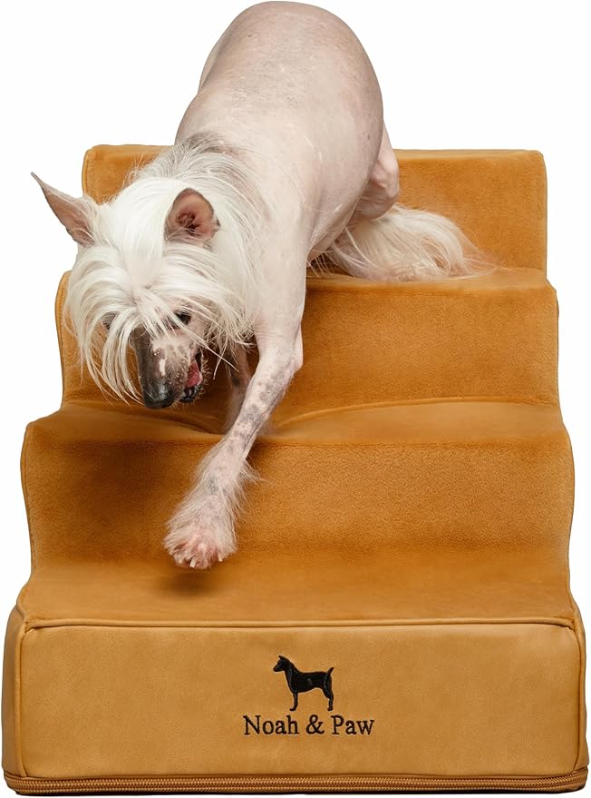 Noah & Paw Dog Stairs, Dog Ramp for Bed (17" Extra Wide) Pet Stairs for High Bed, Design to Fit Small and Large Breeds, Durable 4 Pet Steps for Couch (35 Foam Density) Leather Collection