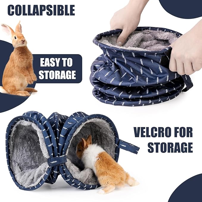 Rabbit Tunnel - Guinea Pig Tunnel, Guinea Pig Tube, 2-Way Small Pet Play Tube, Folds Flat for Storage, Ideal for Adult Small Pets, Dark Blue, Leaf Pattern