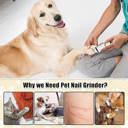 Upgrade Dog Cat Nail Grinder Cordless with LED Light & 3 Speeds, Dog Cat Nail Trimmer with 2000mAh Long-Lasting Battery for Thick Nails (1+1*Replacement Head)