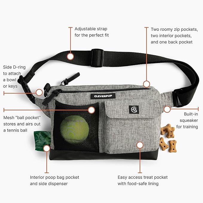 Dog Walk & Train Sling Bag by Cleverpup - Hands-Free 2-In-1 Treat Pouch, Poop Bag Holder, Clicker, Phone Pocket - Crossbody/Fanny Pack, Adjustable Strap - Heather Grey