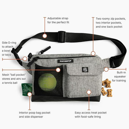 Dog Walk & Train Sling Bag by Cleverpup - Hands-Free 2-In-1 Treat Pouch, Poop Bag Holder, Clicker, Phone Pocket - Crossbody/Fanny Pack, Adjustable Strap - Heather Grey