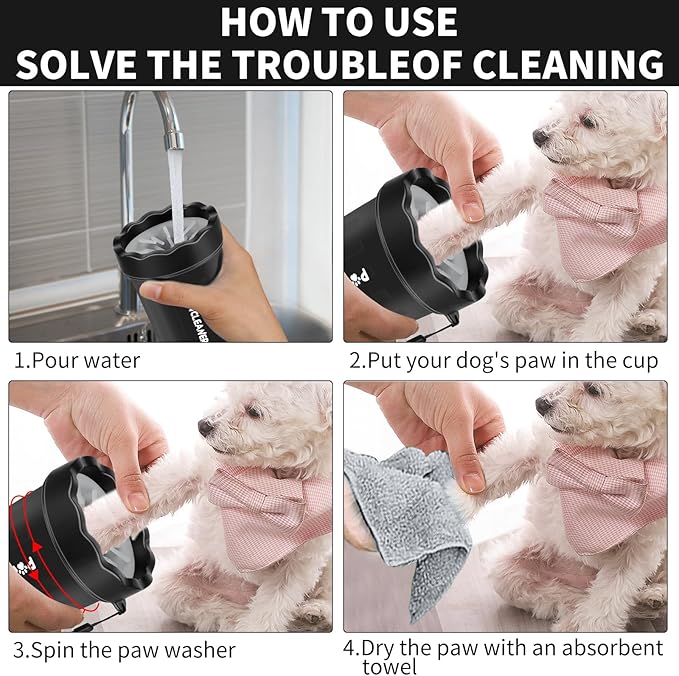 Professional 7 in 1 Dog Paw Cleaner for Dogs & Cats - Includes 1 Portable Paw Washer, 1 Bath Brush, 2 Dog Toothbrushes and 3 Absorbent Towels Note: Fits Paws up to 2 Inches Wide (Small, Black)