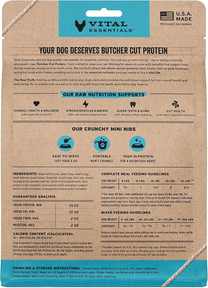 Vital Essentials Freeze-Dried Raw Beef Crunchy Mini Nibs | Complete Meal or Mixer Dog Food | 5.5 oz