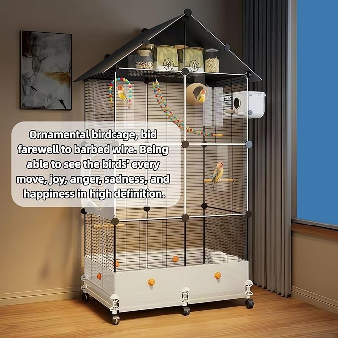 60in Large Flight Bird cage, Equipped with Bird's Nest， Ladder, Swing, Feeder, etc. with Wheels for Easy Outdoor Movement, Suitable for Parrots, Pigeons (White, 28.4" L x14.2W x 60" H)