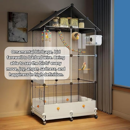 60in Large Flight Bird cage, Equipped with Bird's Nest， Ladder, Swing, Feeder, etc. with Wheels for Easy Outdoor Movement, Suitable for Parrots, Pigeons (White, 28.4" L x14.2W x 60" H)