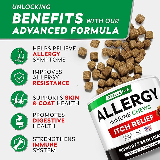 StrellaLab Dog Allergy Relief & Anti Itch Support Chews w/Omega 3: Real Ingredients, Real Taste! Skin & Coat Immune Supplement w/Fish Oil, Pumpkin & Enzymes — Developed by Experts - Made in USA -180Ct