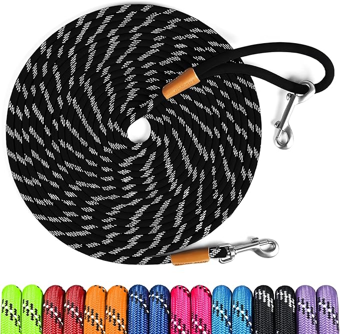 lynxking Long Dog Leash Reflective 15ft 30ft 50ft Check Cord Training Lead Padded Handle Heavy Duty Rope for Puppy Small Medium Large Dogs (Black, 50ft x 3/8inch)