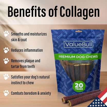 ValueBull USA Collagen Sticks for Small Dogs, 6 Inch Extra Thin Chews, Natural Dog Treats, 10 Count - Promotes Joint, Skin & Coat Health with Glucosamine and Chondroitin