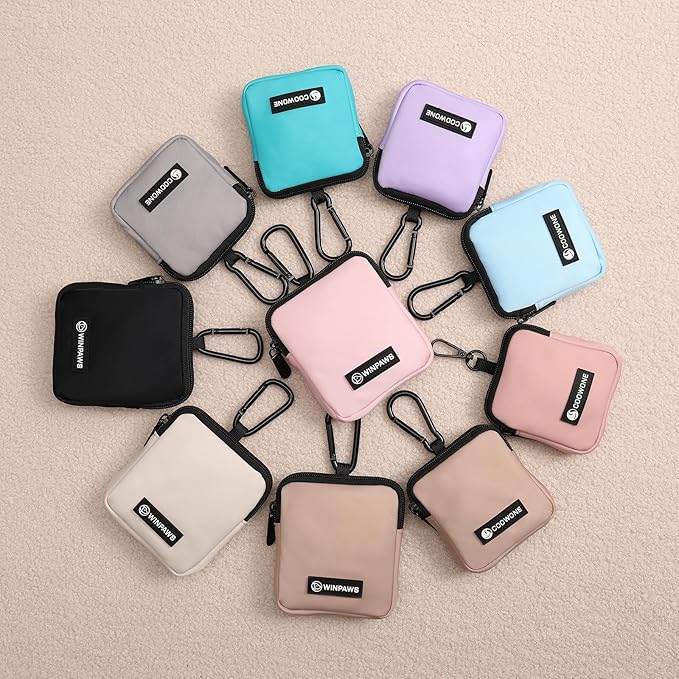 Dog Treat Pouch with Training Clicker,Waterproof Nylon Fabric Poop Bag Holders for Leashes,Hands Free Small Dog Walking Bag with Carabiner, Pet Puppy Training Walking Essentials (Pink)