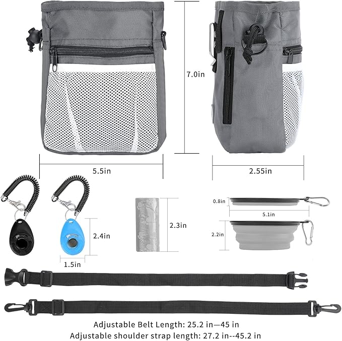 Dog Treat Pouch, 3 Ways to Wear Treat Pouches for Pet Training, Dog Training Treat Pouch with Waist Belt Shoulder Strap, Poop Bag, Collapsible Bowl, Dog Training Clicker