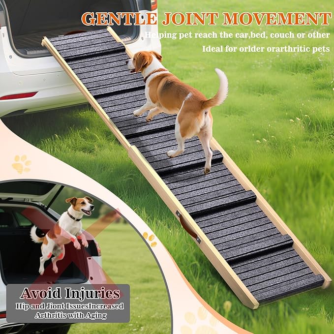 Dog Ramp for Car, 71''x 17'' Extra Long Deluxe Telescoping Design Wooden Pet Ramp, Pet Stair Ramps for Truck SUV with Non-Slip Surface, Portable Outdoor Dog Steps for Medium Large Dogs, Up to 200LBS