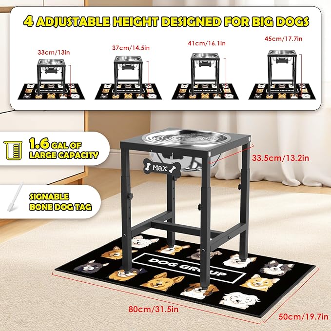 1.6 Gallon Elevated Dog Water Bowl for Large Dogs, 4-Height Adjustable (13–18'') Raised Stainless Steel Bowl with Spill-Proof Mat & Sturdy Metal Stand, Easy-Clean Feeder for Indoor/Outdoor Use