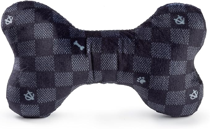 Haute Diggity Dog Black Checker Chewy Vuiton Bone, Plush Designer Dog Toys with Interactive Squeaker, Stimulating Pet Enrichment, Machine-Washable & Safe Materials for All Breeds, Size Large