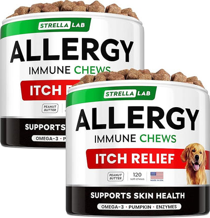 STRELLALAB Dog Allergy Relief & Anti Itch Support Chews w/Omega 3: Real Ingredients, Real Taste! Skin & Coat Immune Supplement w/Fish Oil, Pumpkin & Enzymes - Made in USA - 240 Chews