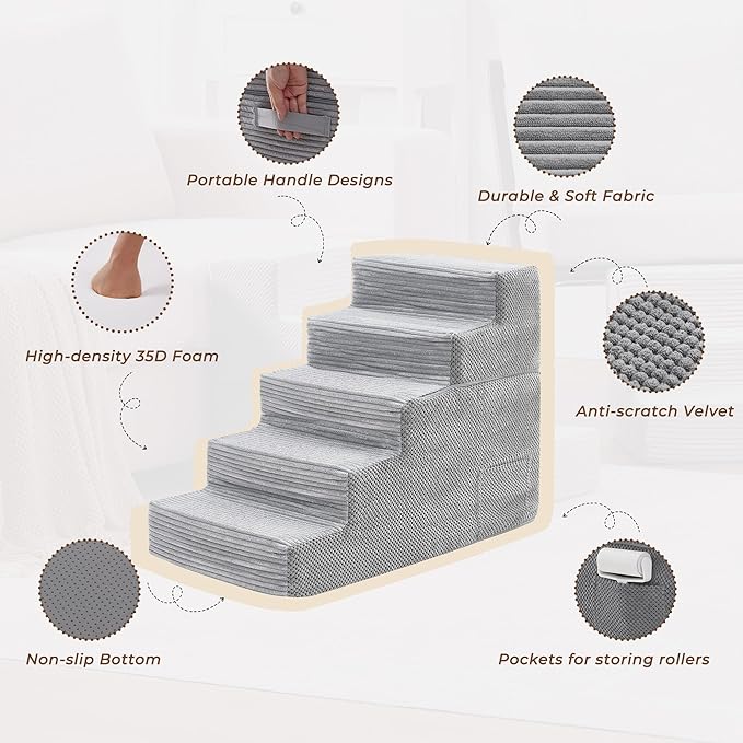 HYLEORY Dog Stairs for Bed 22.5''H, 5-Step Pet Stairs for Small Dogs & Cats, Sturdy Pet Steps with Non-Slip Bottom, Functional Portable Dog Ramp for Couch/Chair/Sofa/Car, Storage Pocket, Light Grey