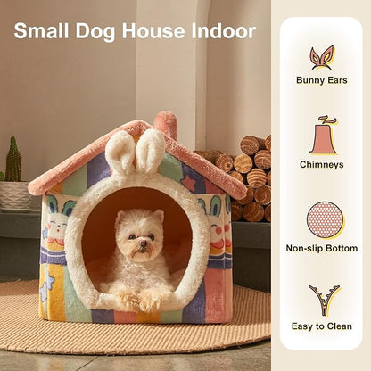 JIUPETY Cute Small Dog House Indoor, Foldable House Kennel Bed Mat with Cushion, L Size Tent Up to 25 Lbs, Dog Cave Bed with Non-Slip Bottom, Rainbow