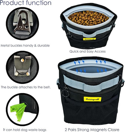 Dog Treat Pouch with Magnetic Closure 4-Cup Silicone Bag Fanny Pack Holder with Clicker 4 Ways to Wear Front Pocket Fits All Phones Ideal for Leash, Pet Walking and Training（Black）