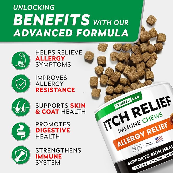StrellaLab Dog Allergy Relief & Anti Itch Support Chews w/Omega 3, Pumpkin, Enzymes & Turmeric: Real Ingredients, Real Taste! Skin & Coat Immune Supplement w/Fish Oil - Made in USA - 180Ct - Chicken