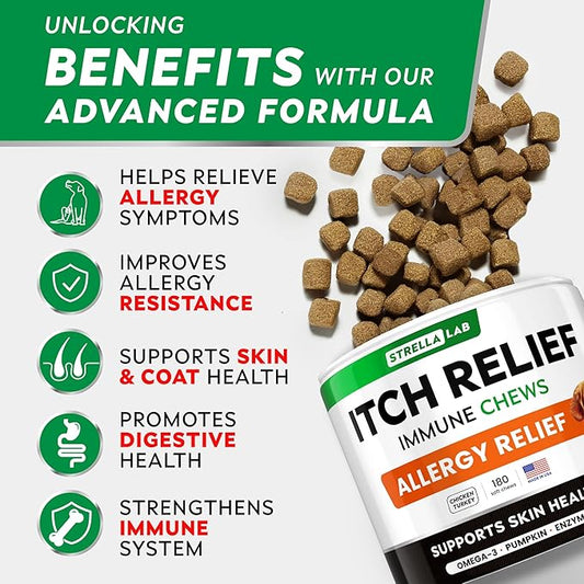StrellaLab Dog Allergy Relief & Anti Itch Support Chews w/Omega 3, Pumpkin, Enzymes & Turmeric: Real Ingredients, Real Taste! Skin & Coat Immune Supplement w/Fish Oil - Made in USA - 180Ct - Chicken