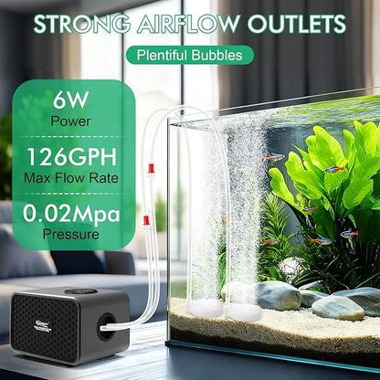 hygger Aquarium Air Pump, USB Rechargeable Battery Powered Fish Tank Air Pump 6W/10W with LCD Display Dual Outlets, Adjustable Aerator for Fish Oxygen Pump for 5-200 Gallon Tank