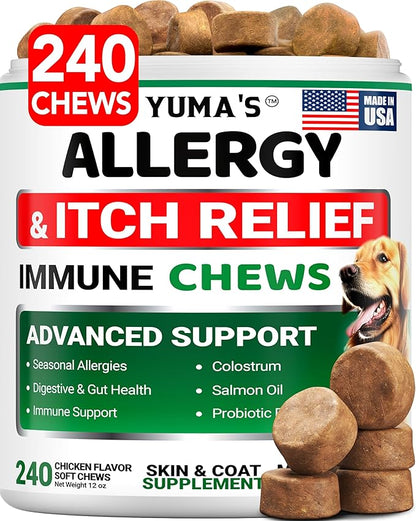 Dog Allergy Relief Chews - 240 Immune Treats - Dog Itching Skin Relief Treatment Pills - Anti-Itch - Itchy and Paw Licking - Omega 3 Fish Oil for Dogs Allergies - Dry Skin & Coat Supplement Vitamins
