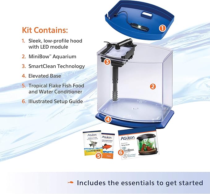 Aqueon LED MiniBow Small Aquarium Fish Tank Kit with SmartClean Technology, Blue, 1 Gallon
