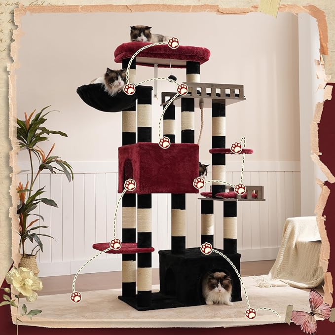 Maine Coon Cat Tree, Heavy Duty Cat Tree for Indoor Cats Large Adult, Gothic Cat Tower for Large Cats 20 lbs+ with Hammock, 2 Big Perches, 2 Cat Condos, 15 Scratching Posts, Black GCT033BR