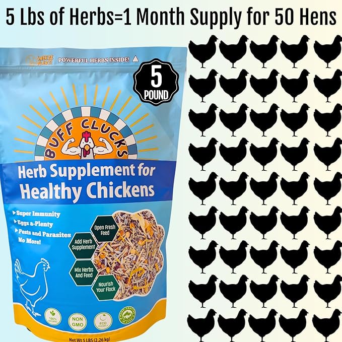 Buff Clucks Herb Supplement for Backyard Chickens - Natural Chicken Treats, Poultry Feed Botanical Mix, Plant-Based Coop Snacks for Daily Wellness, Feather Quality, Egg Production, USA (5 LB)