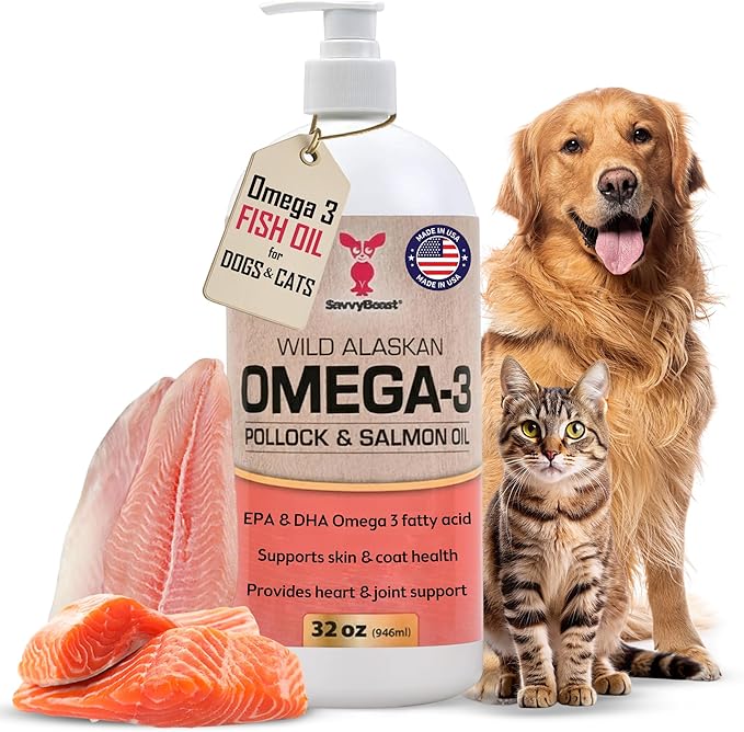 SavvyBeast Pollock and Salmon Oil for Dogs & Cats – Omega-3 Fish Oil Supplement for Pets – Supports Skin & Coat, Joints, Itch Relief, Immune Boost & Heart Health – Wild-Caught & All-Natural – 32 oz