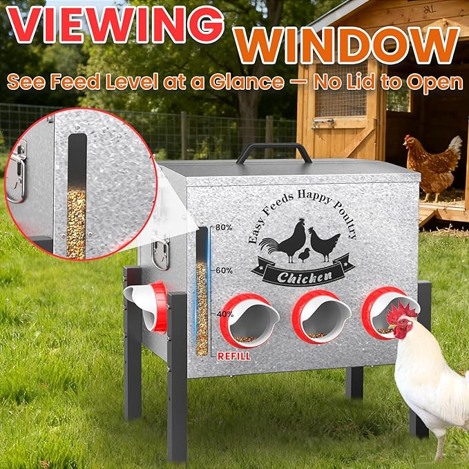 10gal 55LB Large Automatic Chicken Feeder with Window - 8 Port No Waste Design, Rust-proof Alloy Steel with Locking Lid & Adjustable Legs, Rodent Proof, Waterproof Silo for Hens, Ducks, Geese, Poultry