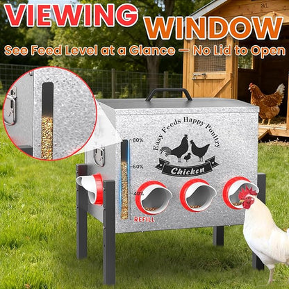 10gal 55LB Large Automatic Chicken Feeder with Window - 8 Port No Waste Design, Rust-proof Alloy Steel with Locking Lid & Adjustable Legs, Rodent Proof, Waterproof Silo for Hens, Ducks, Geese, Poultry