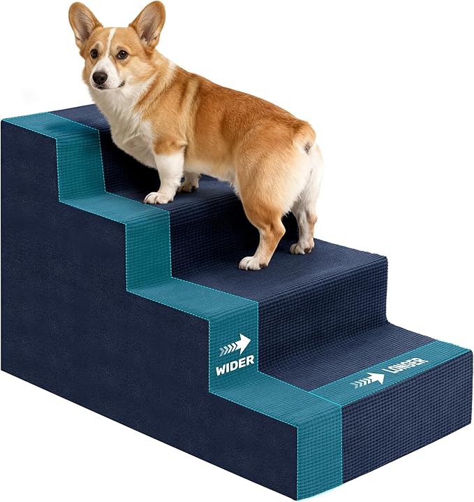 Dog Stairs for Bed, Extra Wide 4-Step Dog Steps for High Bed, High-Density Foam Pet Stairs with Non-Slip Removable Washable Cover for Small Pets, 18" H, Navy