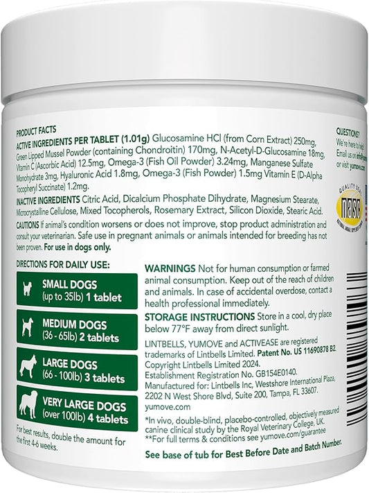 YuMOVE Hip & Joint Supplement for Senior Dogs with Max Strength Glucosamine Chondroitin, Omega 3, Hyaluronic Acid, Green Lipped Mussel, & Fish Oil for Dogs - 120 Chewable Tablets
