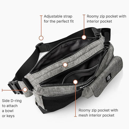 Dog Walk & Train Sling Bag by Cleverpup - Hands-Free 2-In-1 Treat Pouch, Poop Bag Holder, Clicker, Phone Pocket - Crossbody/Fanny Pack, Adjustable Strap - Heather Grey