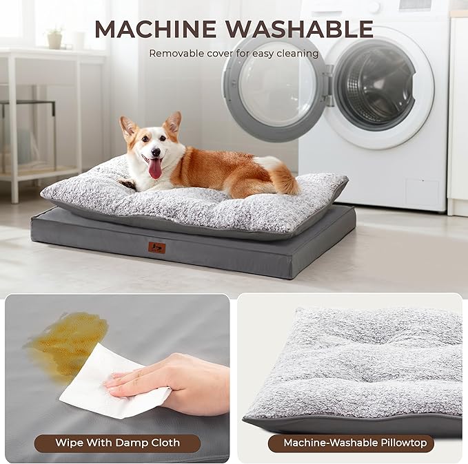 Washable Dog Bed for Medium Large Size Dog, Plush Pillow Pet Bed with Cooling Leather Egg-Crate Foam Base, Waterproof Kennel Bed with Removable Cover, 36" x 27" Comfort Cushion Bed, Dark Grey