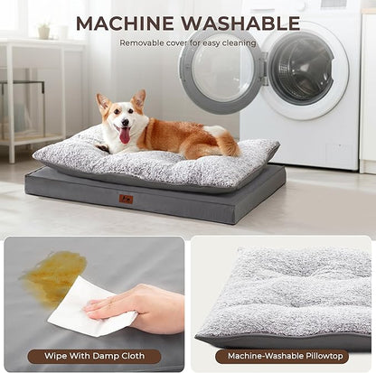 Washable Dog Bed for Medium Large Size Dog, Plush Pillow Pet Bed with Cooling Leather Egg-Crate Foam Base, Waterproof Kennel Bed with Removable Cover, 36" x 27" Comfort Cushion Bed, Dark Grey